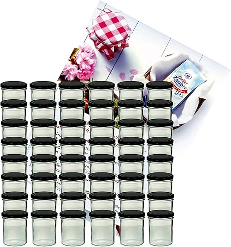 MamboCat Lot de 48 bocaux à confiture en verre de 350 ml avec couvercles noirs To 82 + livret de recettes Diamant-Zucker Gelierzauber (français non garanti) - Nail Gallerys