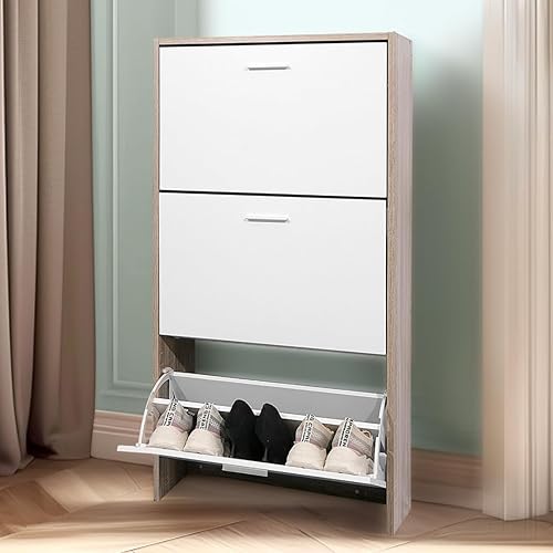CASABEL Meuble de Rangement à Chaussure 18 Paires - Armoire Etagere Grande Capacité pour Entree, Couloir - L60xP24xH113 cm - Blanc Bois Clair - Nail Gallerys