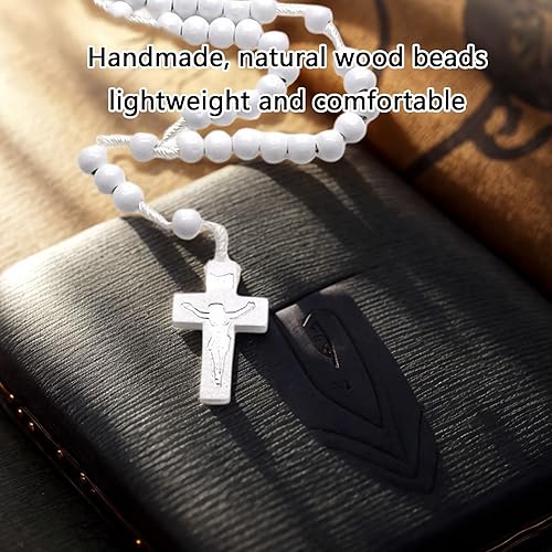 Hrtyvhin Chapelet en bois blanc avec croix traditionnelle pour maison d'église extérieur esthétique grains de bois - Nail Gallerys
