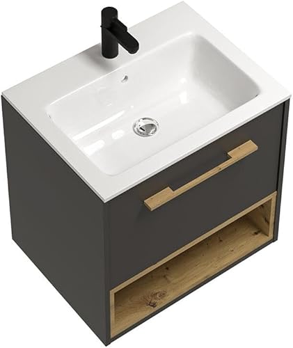 Vente-unique - Meuble de Salle de Bain Suspendu Anthracite avec Vasque à encastrer - 60 cm - YANGRA - Nail Gallerys