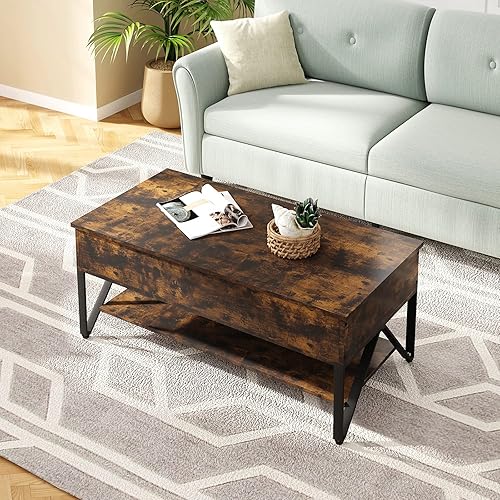 Novilla Table Basse de Salon et Salle à Manger avec Plateau Relevable, Compartiment Caché, Grande Capacité de Rangement, Cadre en tube métallique, Style industriel, 102×52×42cm, Marron - Nail Gallerys