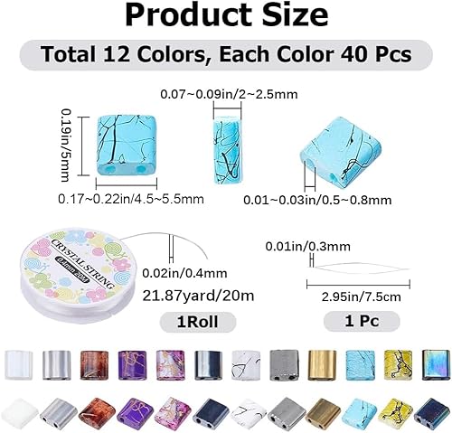 CREATCABIN 480kit Perles Tila 2trous,12couleurs Mélangées,Perles Rocaille Verre,Rectangle,Mini Carré Opaque avec Aiguilles,Fil Élastique pour Colliers,Boucles d'oreilles,Fabrication Bijoux,5mm - Nail Gallerys