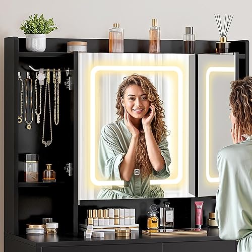 YITAHOME Coiffeuse avec Miroir LED à Luminosité Réglable, Table de Maquillage avec Miroir, Coiffeuse avec étagères et 2 Tiroirset 5 Étagères de Rangement pour Chambre à Coucher (Noir) - Nail Gallerys