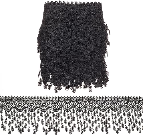 Letsinstyle Bordure en Dentelle à Franges et Pompons de 5 yard X 3.14 pouces de Largeur Ruban de Bordure en Dentelle Noire Décoré de Pompons Ruban à Franges à Coudre pour Vêtements - Nail Gallerys