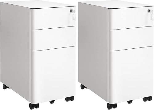 SONGMICS Caisson de Bureau, Lot de 2, Placard de Rangement Mobile, avec roulettes et Serrure, pour Documents et Dossier Suspendu, avec 3 Tiroirs, Blanc OFC031W01 - Nail Gallerys