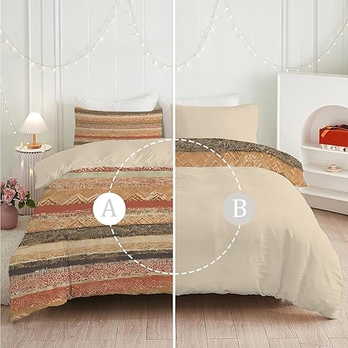 Housse de Couette 240 x 260 Rayures Housse de Couette 2 Personnes en Microfibre, Parure de Lit Abstrait Vintage Style Ethnique avec Taies d'oreiller 65x65, Beige Marron E123 - Nail Gallerys