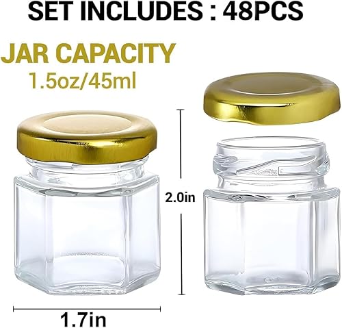 Lot de 48 mini bocaux hexagonaux en verre de 45 ml avec couvercle hermétique en métal doré pour conserves, cornichons, confiture, miel, épices, herbes, loisirs créatifs, cadeaux de mariage, récipients - Nail Gallerys