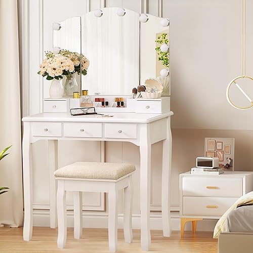 ANWBROAD Coiffeuse Table de Maquillage avec 10 LED Ampoules Lumière Dimmable Miroir et Tabouret Tabouret 5 tiroirs et 1 Organisateur de Rangement Amovible Pieds en Bois Massif Tabouret Blanc BDT05W - Nail Gallerys