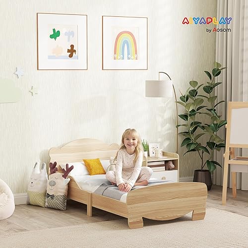 AIYAPLAY Lit Enfant lit au Sol Enfant 70x140 cm avec barrière de sécurité, sommier à Lattes Inclus et décorations d'ours, pour garçons et Filles de 3 à 6 Ans - Bois Naturel - Nail Gallerys