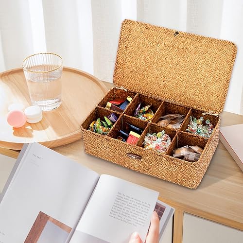 OLegei Panier de rangement en osier panier d’étagère boîte de rangement avec couvercle et 8 compartiments organisateur de table pour comptoir, bureau, étagère (caramel) - Nail Gallerys