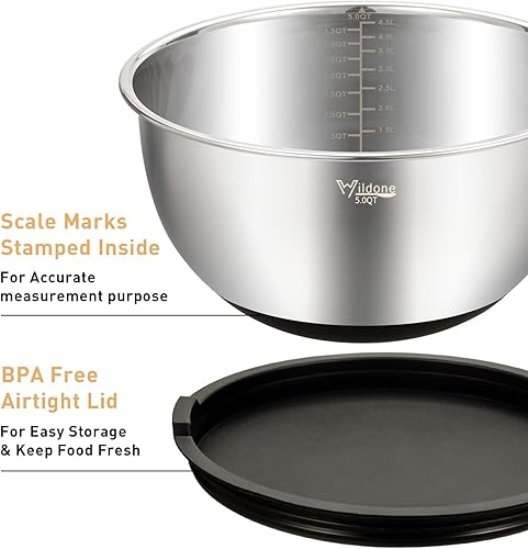 Wildone Lot de 5 bols à mélanger en acier inoxydable avec couvercles hermétiques, 3 accessoires à râpe, marques de mesure et fond antidérapant Tailles 5, 3, 2, 1,5, 0,63 QT - Nail Gallerys