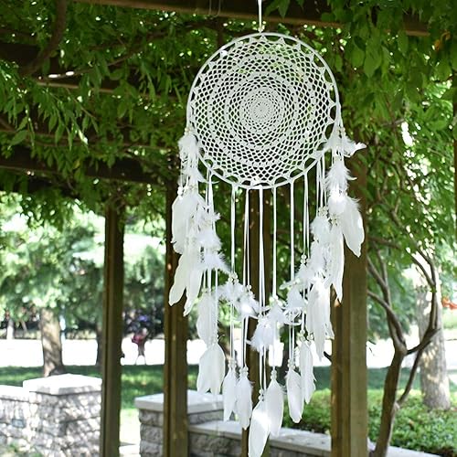 EasyBravo Grand Boho Capteur de rêves Plume Blanche Macramé Tenture Murale Vintage Wedding Home Décorations 35cm Cercle 115cm Long - Nail Gallerys