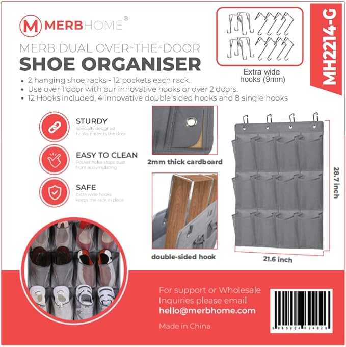 MERB Home Lot de 2 organisateurs de Rangement pour Chaussures – Accrochez 2 étagères sur 1 Porte ou sur différentes Portes – 12 Poches – Rangement Suspendu Pliable (3 rangées de Poches) - Nail Gallerys