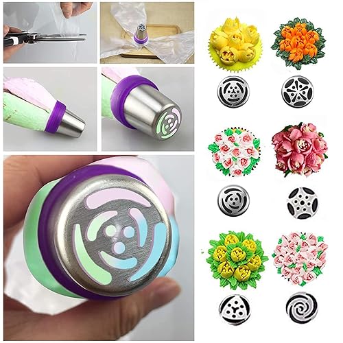 Hebudy Ensemble de douilles russes comprenant 12 douilles russes pour décoration de gâteaux, 2 douilles fleurs, 2 coupleurs 10 sacs, 1 poche à glaçage, outils de décoration de gâteaux - Nail Gallerys