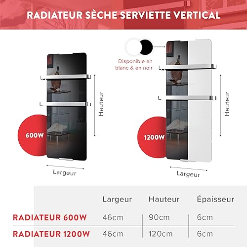 CHEMIN’ARTE Sèche-Serviette Électrique Ondulation 1200W - Radiateur Vertical - 120x6x46cm - 2 porte serviettes inox -Conçu en France - Nail Gallerys