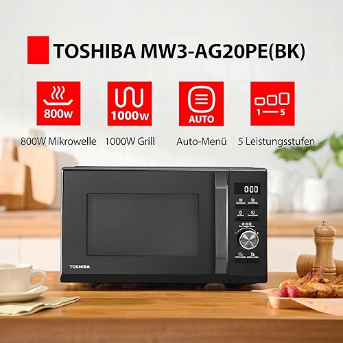 Toshiba MW3-AG20PE(BK) Four à micro-ondes 3 en 1 20 L avec Gril, décongélation automatique, micro-ondes, gril, combiné, 5 niveaux de puissance, 8 programmes automatiques, nettoyage facile, noir - Nail Gallerys