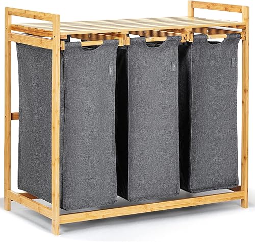 Tiklife Panier à linge 3 compartiments, 150 l, bambou naturel, panier à linge extensible, peut être utilisé dans la cuisine, le salon, la salle de bain et d'autres endroits (100L gris) - Nail Gallerys