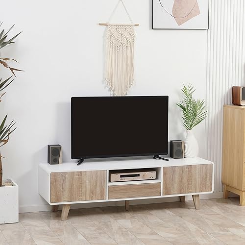 HOMCOM Meuble TV Bas sur Pied Style scandinave 2 Portes Niche tiroir MDF Blanc Aspect chêne Clair - Nail Gallerys