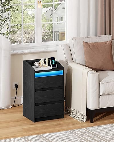 Hzuaneri Table de Chevet Lot de 2 avec 3 Tiroirs, Table d'Appoint avec Station de Charge et LED, 2 Prises CA et 2 Ports USB pour Chambre à Coucher, Salon, Blanc NS40103X - Nail Gallerys