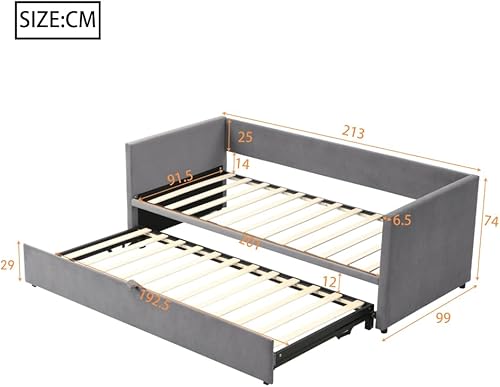 Zubaliya Lit rembourré, canapé-lit gigogne 90/180 * 200 cm avec sommier à Lattes, lit Multifonctionnel en Tissu Velours Doux pour la Peau, Gris (Gray + Upholstered + 90cm*200cm) - Nail Gallerys