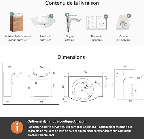 Planetmöbel Meuble sous-lavabo 40 cm en chêne doré avec lavabo & robinetterie en Chrome, Meubles de Salle de Bains pour WC invités - Nail Gallerys