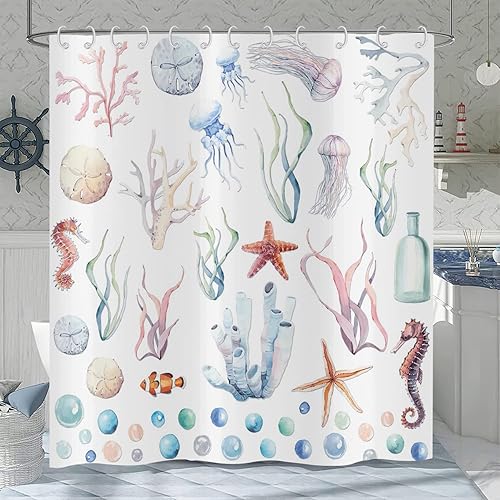 Hnmdmyi Rideau de Douche Côtes Nautiques 180x200, Hippocampe Océan Rideau de Douche thématique Corail Poissons tropicaux Plage Rideau de Baignoire Imperméable Polyester Tissu Lavable Rideau de Bain - Nail Gallerys