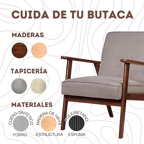 HOME DESIGN & CONFORT Fauteuil Roma anti-taches de style nordique - Fauteuils de salon en bois massif - Fauteuil de chambre (beige/noyer) - Nail Gallerys