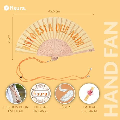 Fisura – Éventail en Bois Original avec Message “está Que arde”. Accessoire Moderne et coloré, Ventilateur à Main Jaune avec Crochet Inclus. Dimensions : 42,5 x 23 cm - Nail Gallerys