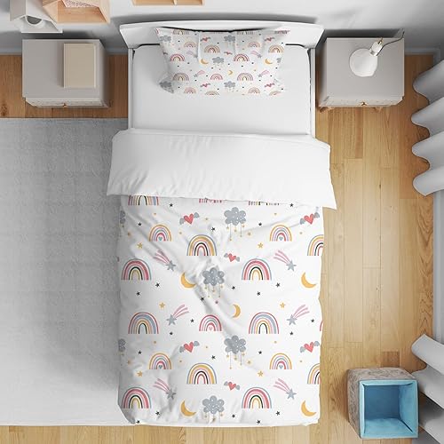LLTTEER Housse de Couette Enfant Fille Arc-en-Ciel avec 1 Taie d'oreiller 40x60cm,Nuages, étoiles Style Dessin animé Parure de Lit pour Les Hommes et Les Femmes (Style A, 90 x 190cm) - Nail Gallerys