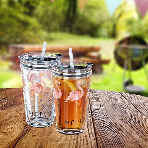 relaxdays Verre avec Paille et Couvercle, Lot de 4, Motif Flamant Rose, 450 ML, lavables au Lave-Vaisselle, Transparent - Nail Gallerys