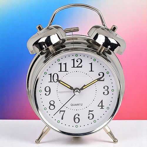 MIJOMA Réveil analogique rétro en métal chromé Ø 10 x 16 cm - Horloge de table avec double cloches, veilleuse, mouvement à quartz - Réveil vintage à piles - Nail Gallerys