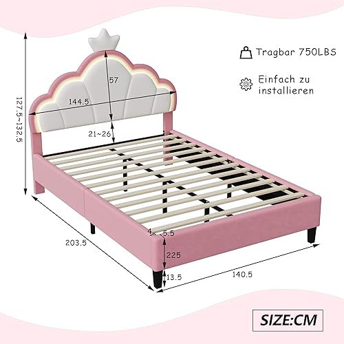 FEEOHOME Lit pour Enfant rembourré 140x200cm, Lit de Princesse en Forme de Couronne avec LED, lit Simple/Double pour Fille tête de réglable en Hauteur et sommier à Lattes, sans Matela - Nail Gallerys