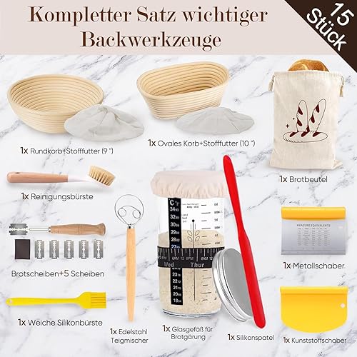 Kixiyou Lot de 2 paniers à pain de fermentation, kit de démarrage au levain et accessoires de cuisson, panier de fermentation pour pain (panier de fermentation rond de 23 cm et panier de fermentation - Nail Gallerys