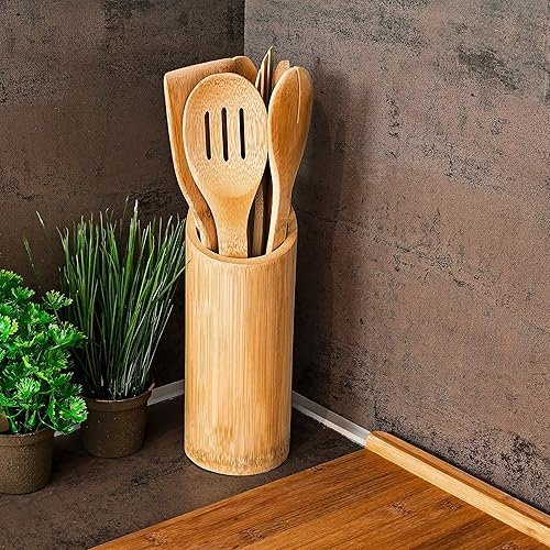 Relaxdays Ensemble d'ustensiles de Cuisine avec Support 6 Pièces en bambou 30 cm spatule fourchette cuillère pince à salade, nature - Nail Gallerys
