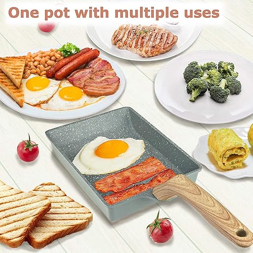 Japonaise Revêtement Antiadhésive Poêles à Omelette, Poêle à Frire pour Tamagoyaki Crêpes et Tortilla, avec Poignée et Brosse à huile en bois Casserole, Passe au induction et au lave-vaisselle (Vert) - Nail Gallerys