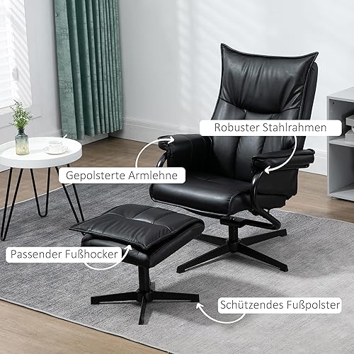 HOMCOM Fauteuil relax avec pouf, fauteuil de repos pivotant, fauteuil TV avec fonction chaise longue, fauteuil TV avec dossier inclinable, pour salon, bureau, similicuir, acier, noir - Nail Gallerys