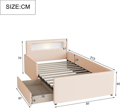 AEMOING Lit capitonné, 90 x 200 cm, avec veilleuse et port de charge USB, avec compartiments de rangement, panneaux latéraux surélevés pour la sécurité, lit simple simple, tissu en cuir synthétique - Nail Gallerys