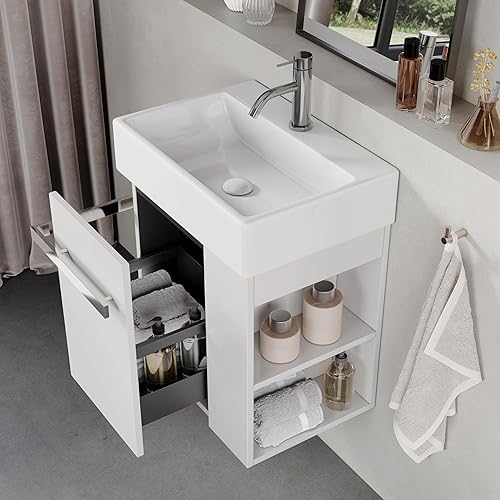 BRIDGE BENO Meuble de Salle de Bain Suspendu 50 cm avec Évier en Céramique pour Petit Espace, avec Tiroir à Fermeture Amortie et Poignée Métallique, Version Gauche ou Droite-Chêne Européen - Nail Gallerys