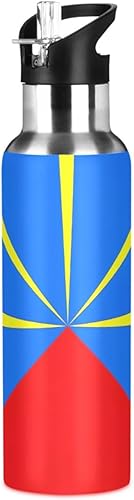 Bouteille d'eau de sport sans BPA avec paille - 591 ml - En acier inoxydable - Isolation sous vide - Pour salle de sport, extérieur, voyage, école, drapeau de l'île de la Réunion - Nail Gallerys