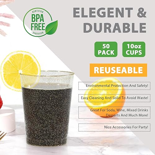Bukuhlio Lot de 50 gobelets en Paillettes d'or - 280 ml - Réutilisables - Élégantes - Pour fête, champagne, bière, cocktail, martini, soda et dessert (9,5 x 7,5 cm) - Nail Gallerys
