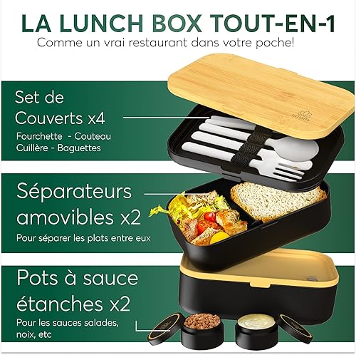 Umami Bento Lunch Box, 2 Pots à Sauce & Couverts en Bois Inclus, Lunchbox Micro-Ondable, Boîte à lunch Adulte, Boîte Repas Compartimentée, Boîte Bento Lunch Box, Bento Box - Nail Gallerys