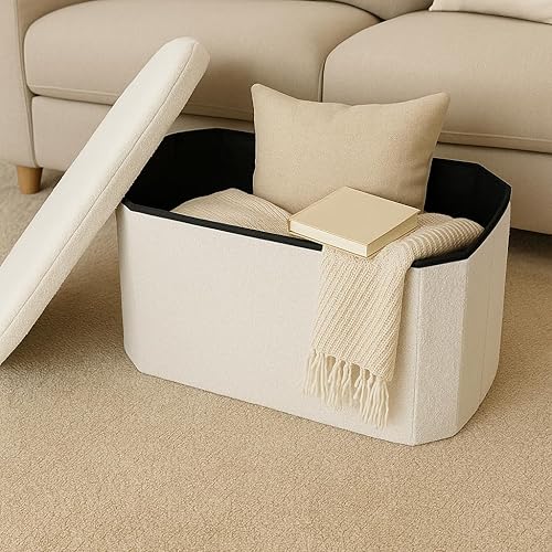 LAMBY Home Banc de Rangement - Pouf de Rangement Bouclette, Coffre de Rangement pour Chambre, décoration de Chambre, Repose-Pieds Salon avec Assise, Meuble à Chaussures, Pouf de Salon ou lit - Nail Gallerys