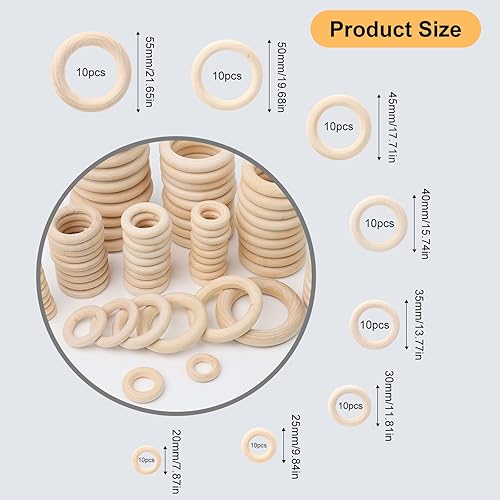 GOTRUST Lot de 80 anneaux en bois pour le bricolage, macramé inachevé, anneaux en bois naturel, anneaux de rideaux pour bricolage, bijoux, pendentifs, décoration suspendue (diamètre 20, 25, 30, 35, - Nail Gallerys