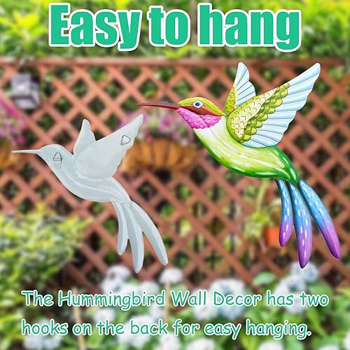Lot de 2 grands colibris en métal - Sculptures murales colorées en forme de colibri - 22 x 26 cm - Décoration de printemps pour jardin, terrasse, cour, maison, chambre à coucher, porche, clôture - Nail Gallerys