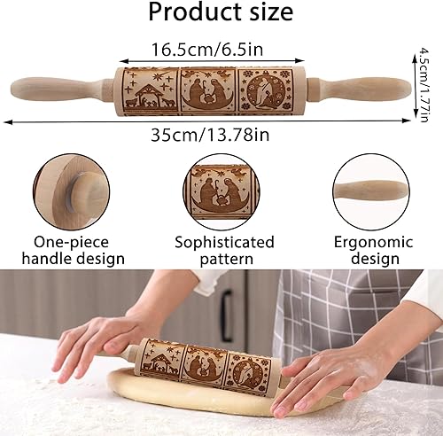 Rouleau à Pâtisserie en Bois de Noël, Rouleau à Pâtisserie 3D en Bois, Noël Motif De La Nativité Avec 9 Scènes Différentes, Gaufrage Rouleau à Pâtisserie pour Etaler Pâte Pizza et Biscuits - Nail Gallerys