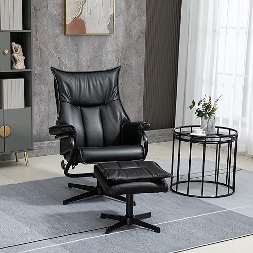 HOMCOM Fauteuil relax avec pouf, fauteuil de repos pivotant, fauteuil TV avec fonction chaise longue, fauteuil TV avec dossier inclinable, pour salon, bureau, similicuir, acier, noir - Nail Gallerys