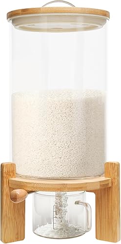 SUONTY Distributeur de riz, réservoir de 7,5 l, récipient à farine et céréales avec couvercle hermétique et support en bois, récipient alimentaire en verre pour l'organisation de la cuisine et le - Nail Gallerys