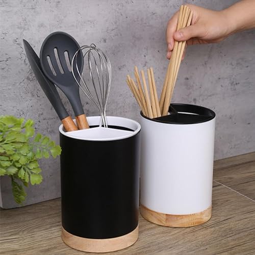 Porte-ustensiles rotatif à 360°, grand pot à ustensiles, organiseur de rangement de couverts à 3 compartiments avec trous de drainage, base amovible pour comptoir, style rustique et moderne (noir) - Nail Gallerys
