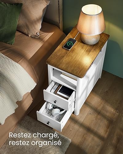 VASAGLE Table d'Appoint avec Multiprise, Lot de 2, Table de Chevet avec 2 Tiroirs, avec Étagère, pour Petits Espaces, Style Charme de la Côte, Marron Chêne et Blanc LCT649W01 - Nail Gallerys