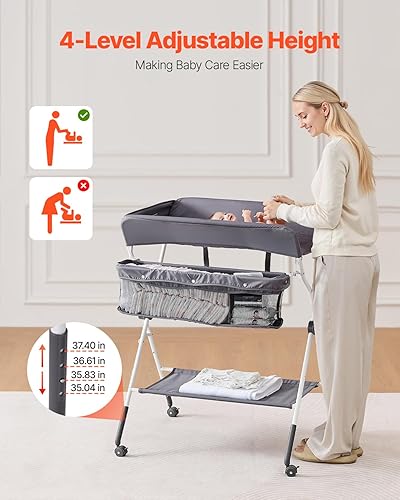 VEVOR Table à Langer Pliable, Plan à Langer avec Panier Latéral et roulettes Verrouillables, Meuble pour Bébés Réglable en Hauteur, Rangement Multifonction pour Chambres d'enfant, Gris Foncé - Nail Gallerys